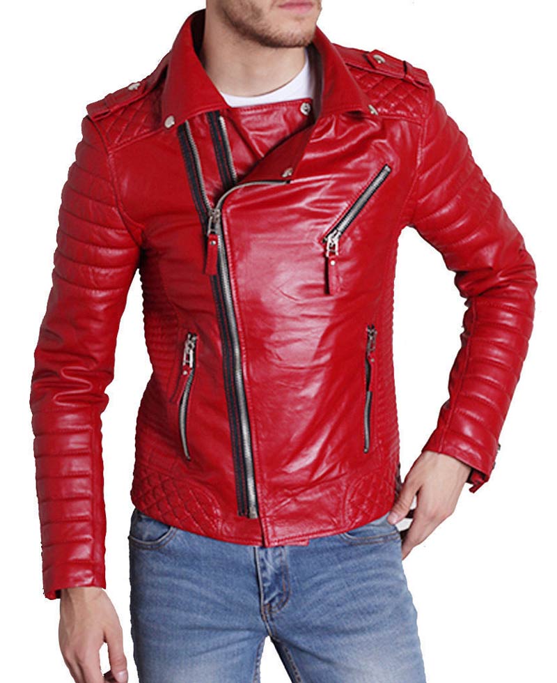Men's Asymmetrical Style Slim Fit Padded Red Leather Moto Jacket