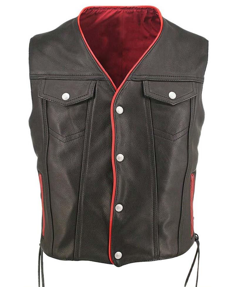 Men's Snap Tab Button Closure Black Leather Vest