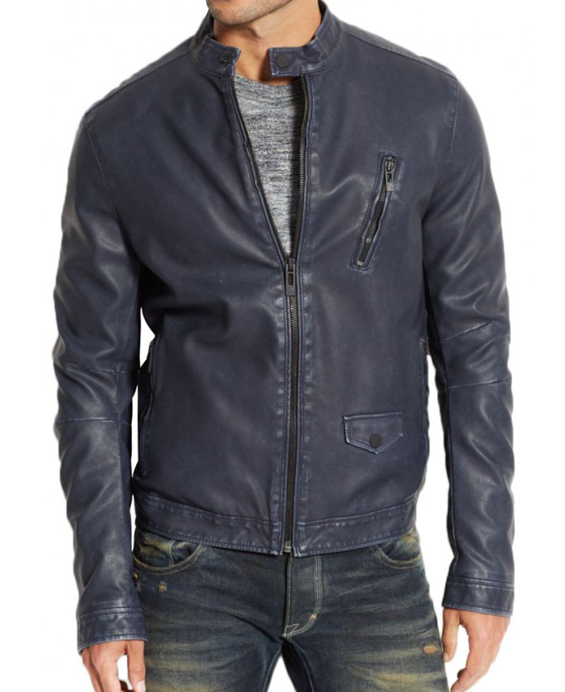 Men's Motorcycle Snap Tab Collar Blue Leather Jacket