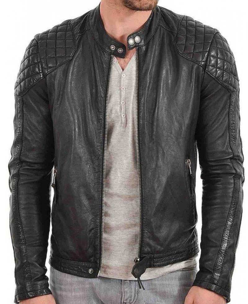 Men's Quilted Shoulder Design Snap Tab Collar Black Leather Jacket