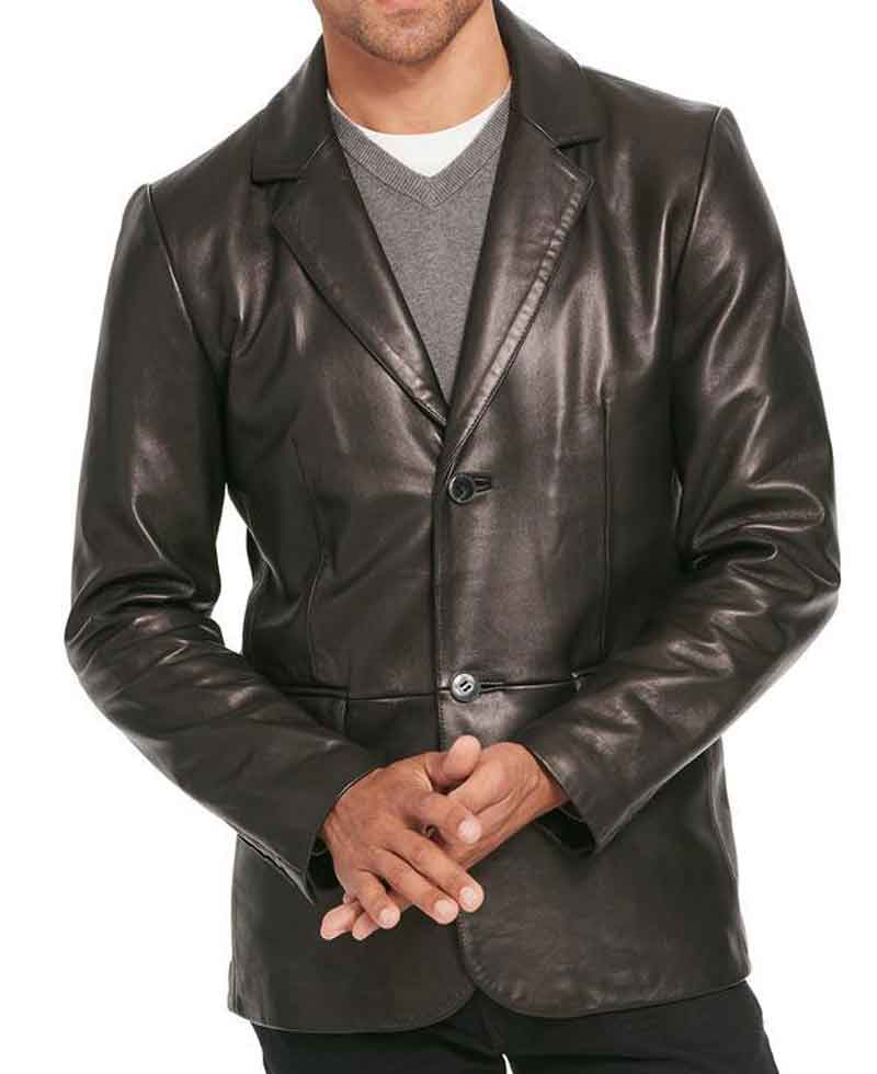 Men's Two Button Smooth Black Leather Blazer