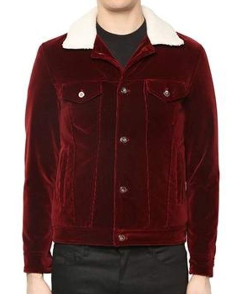 Men's Velvet Red Jacket with Faux Fur Collar