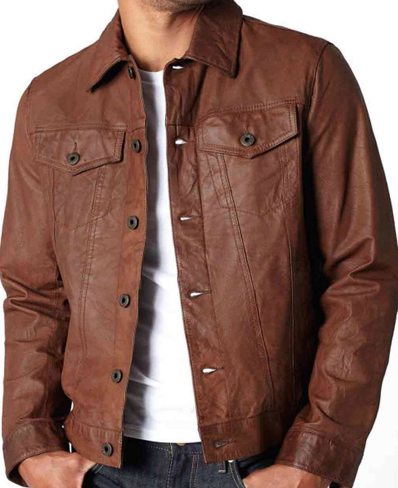 Men's Shirt Collar Vintage Brown Leather Jacket
