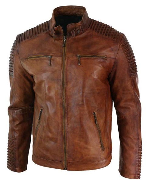 Men's Cafe Racer Vintage Distressed Brown Leather Jacket