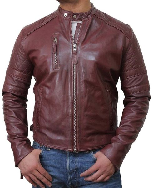 Men's Quilted Shoulders Burgundy Moto Jacket