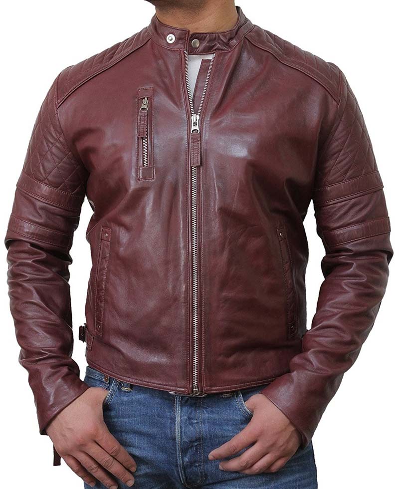 Men's Quilted Shoulders Burgundy Moto Jacket