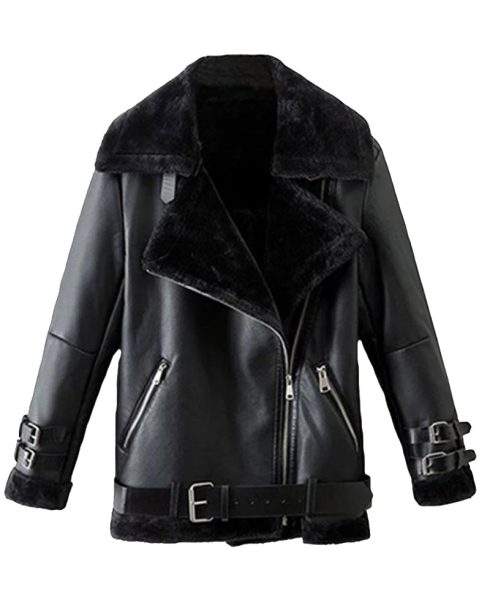 Men's Winter Shearling WFJ012 Belted Black Leather Jacket