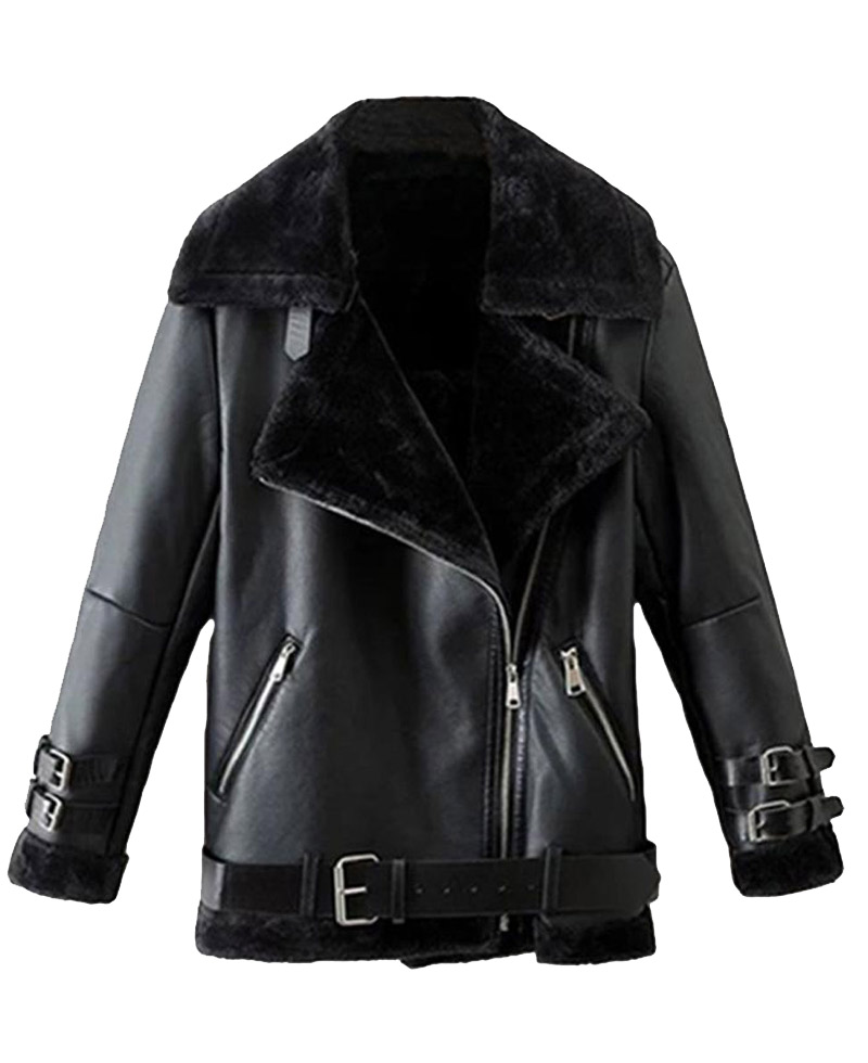 Men's Winter Shearling WFJ012 Belted Black Leather Jacket