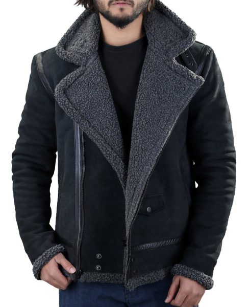 Men's Winter WFJ013 Grey Shearling Black Leather Jacket