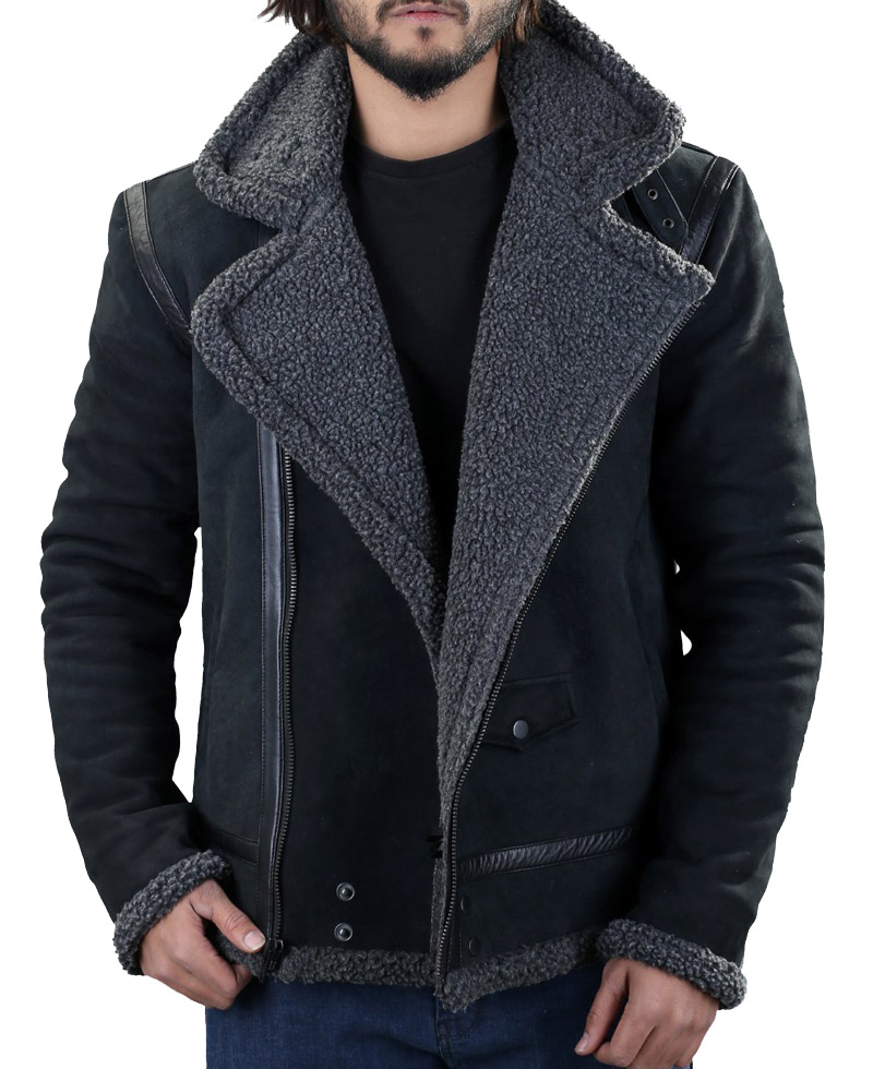 Men's Winter WFJ013 Grey Shearling Black Leather Jacket