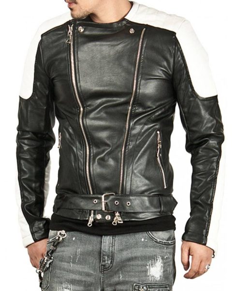 Men's White Padded Design Black Leather Biker Jacket