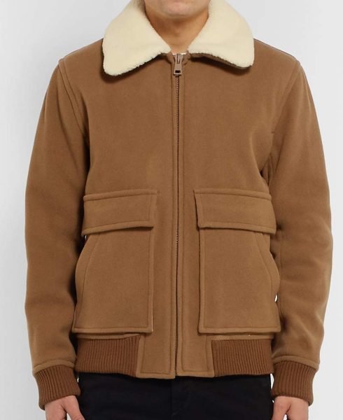 Men's Wool Brown Bomber Jacket with Fur Collar