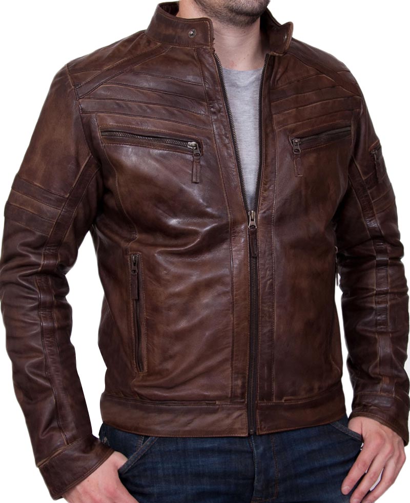 Men's Motorcycle Zipper Pockets Vintage Brown Leather Jacket