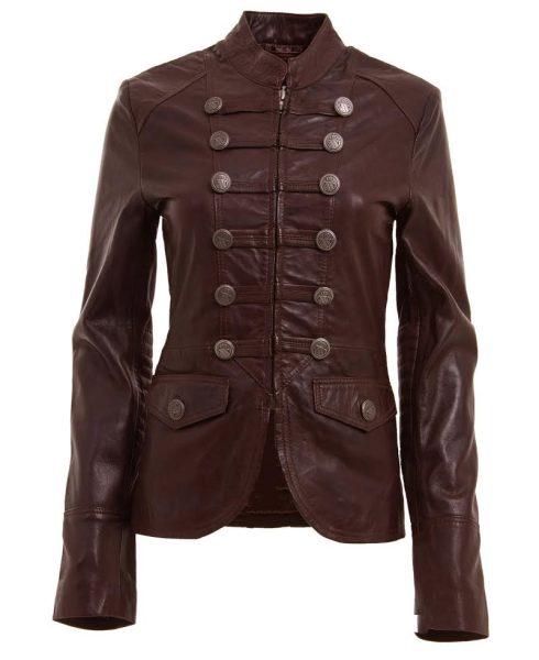 Women's Military Style Brown Leather Blazer Jacket