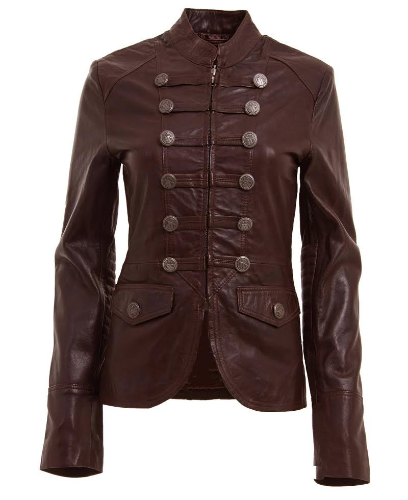 Women's Military Style Brown Leather Blazer Jacket