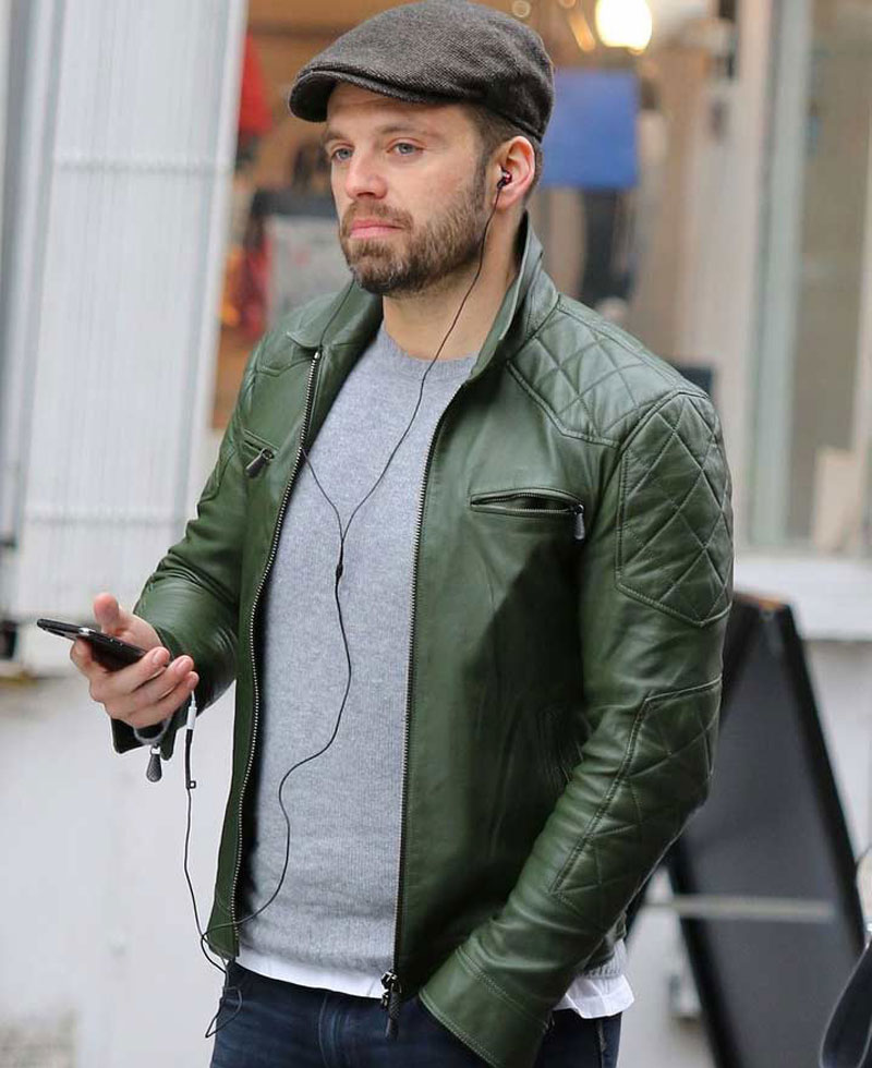 Motorcycle Sebastian Stan Green Leather Quilted Jacket