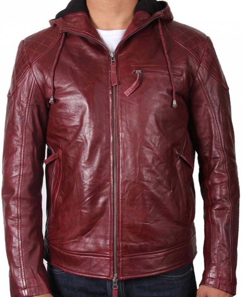 Men's Quilted Shoulder Burgundy Leather Hoodie