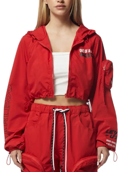 Red Cropped Windbreaker Jacket