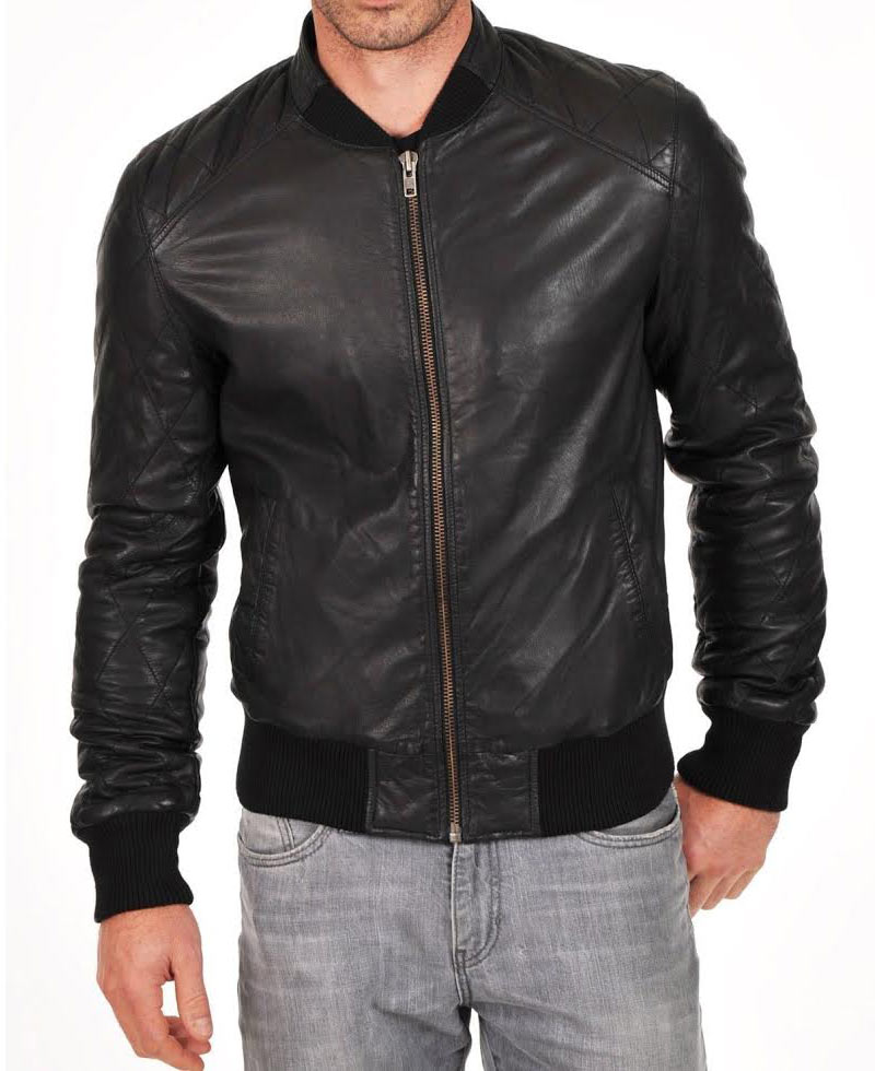 Men's Simple Look Black Leather Bomber Jacket