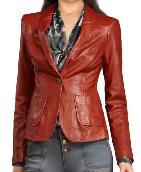 Women's Single Buttoned Closure Red Leather Blazer