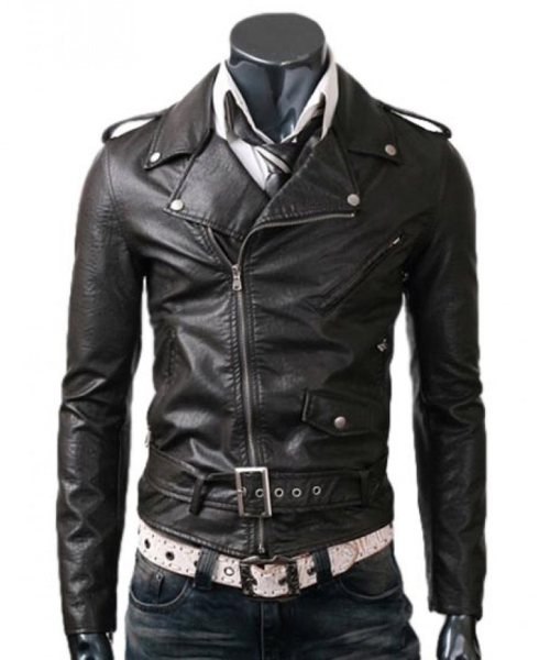 Men's Asymmetrical Zipper Biker Style Black Leather Jacket