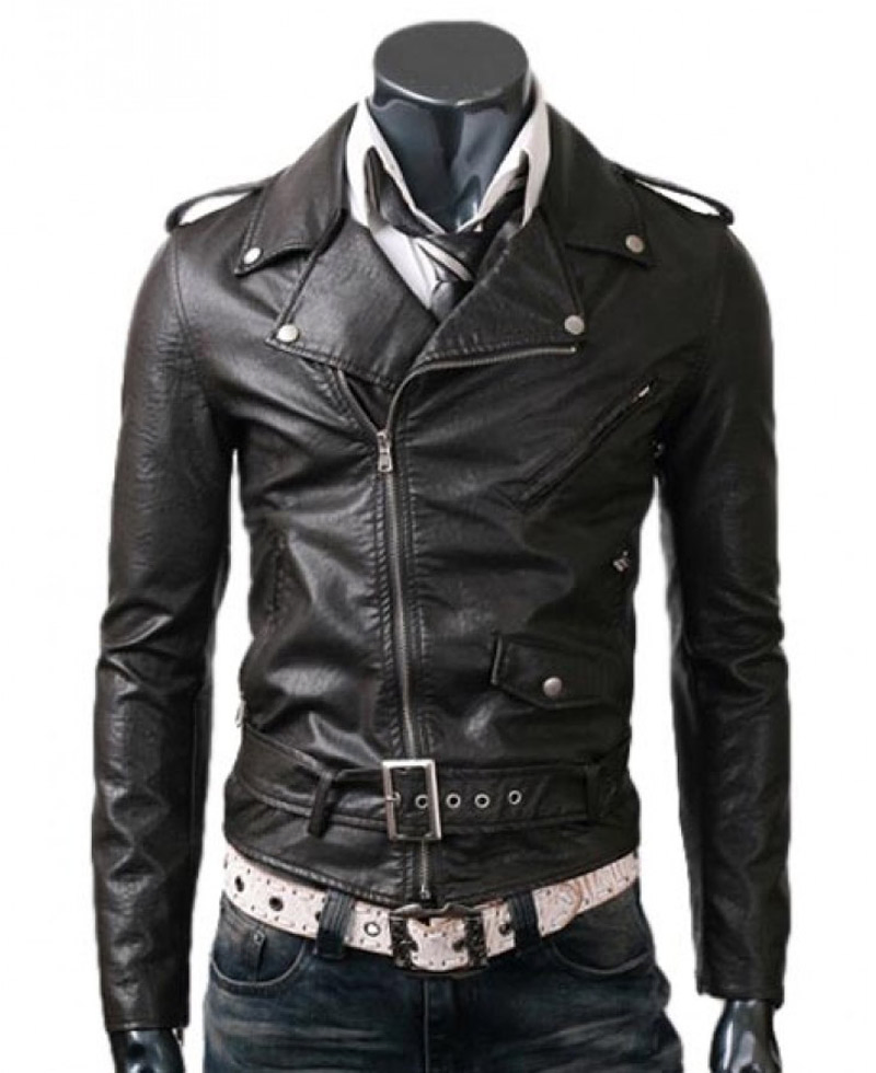 Men's Asymmetrical Zipper Biker Style Black Leather Jacket