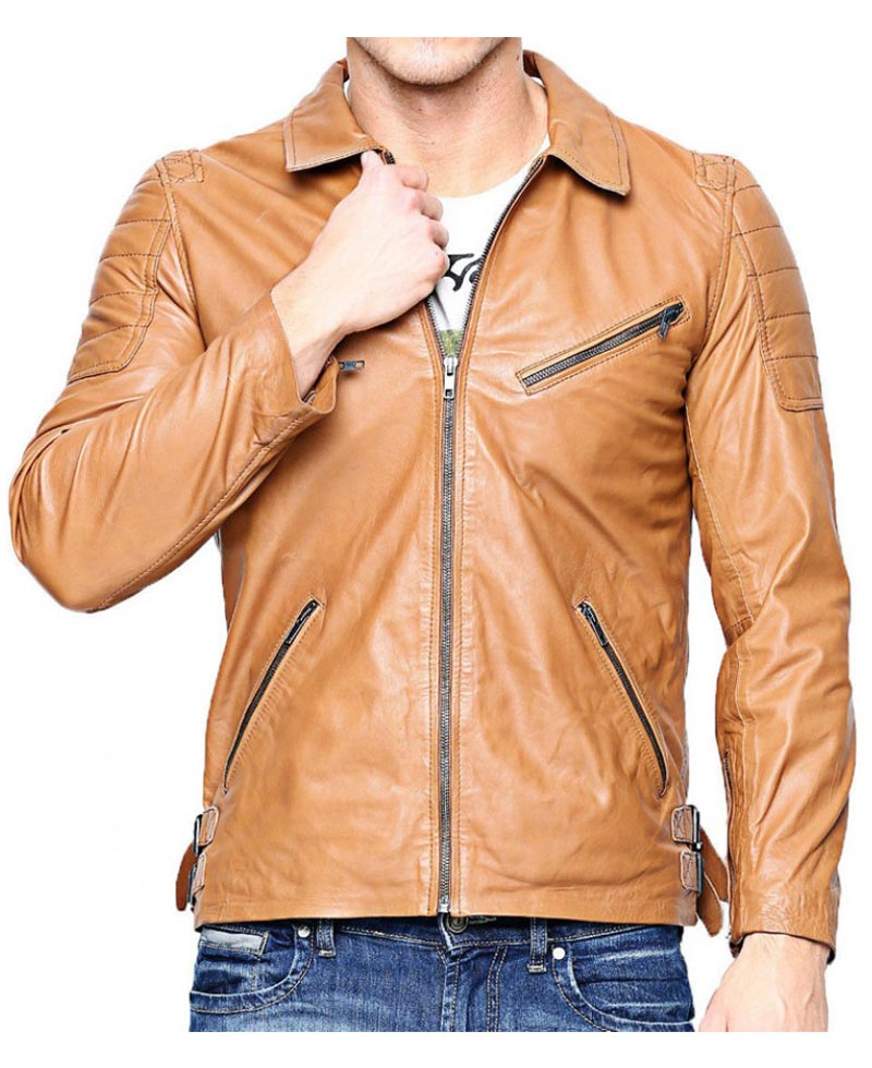 Men's Biker Slim Fit Light Brown Leather Jacket