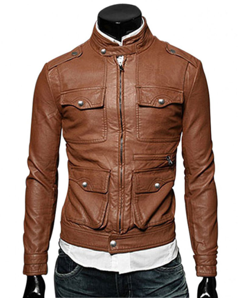 Men's Bomber Style Slim Fit Tan Brown Faux Leather Jacket
