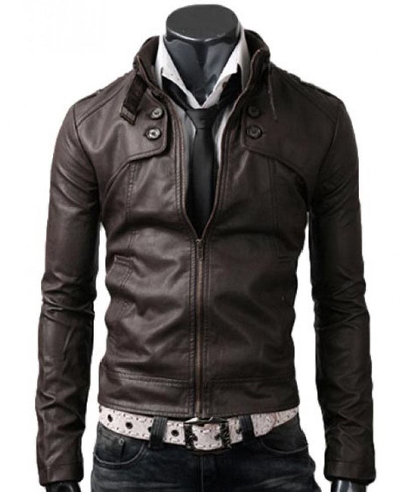 Men's Slim Fit Collar Dark Brown Leather Jacket
