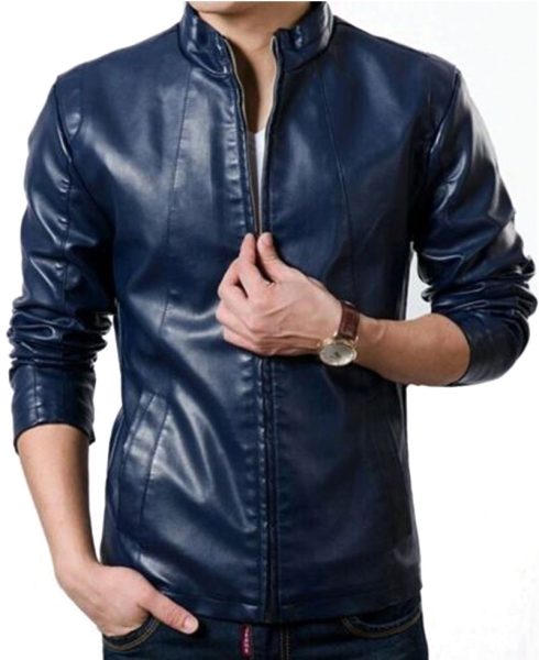 Men's Stand Collar Slim Fit Blue Jacket