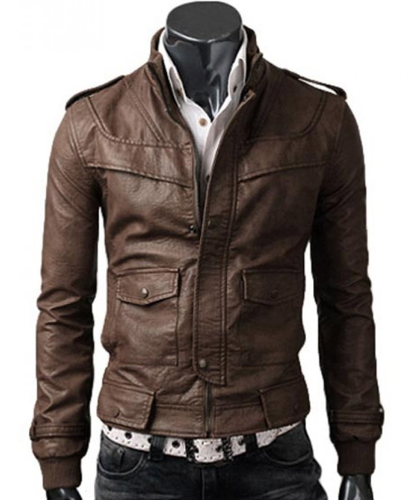 Men's Stand Collar Slim Fit Light Brown Leather Jacket