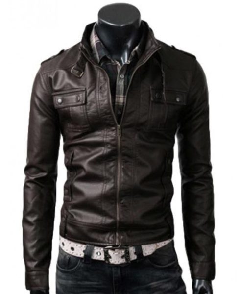 Men's Strap Collar Dark Brown Leather Jacket