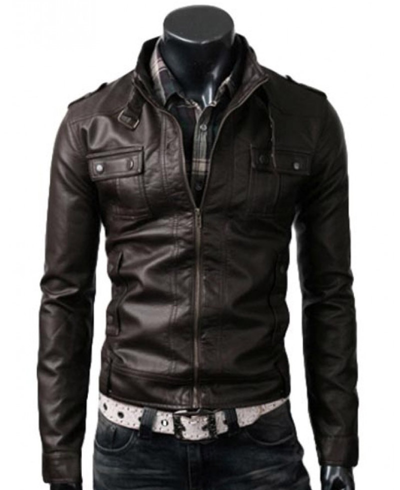 Men's Strap Collar Dark Brown Leather Jacket