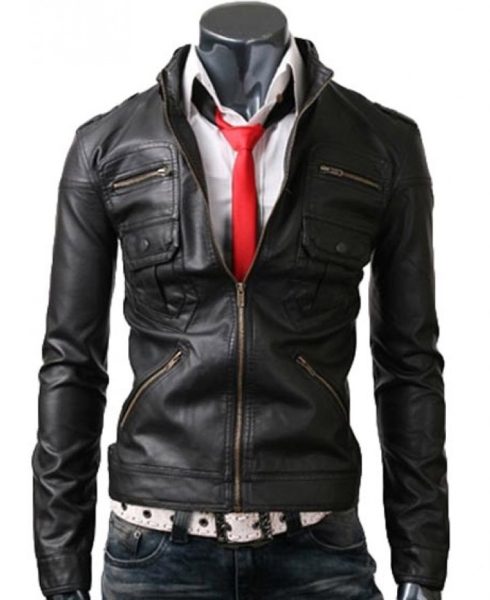 Men's Zipper Pocket Slim Fit Black Jacket