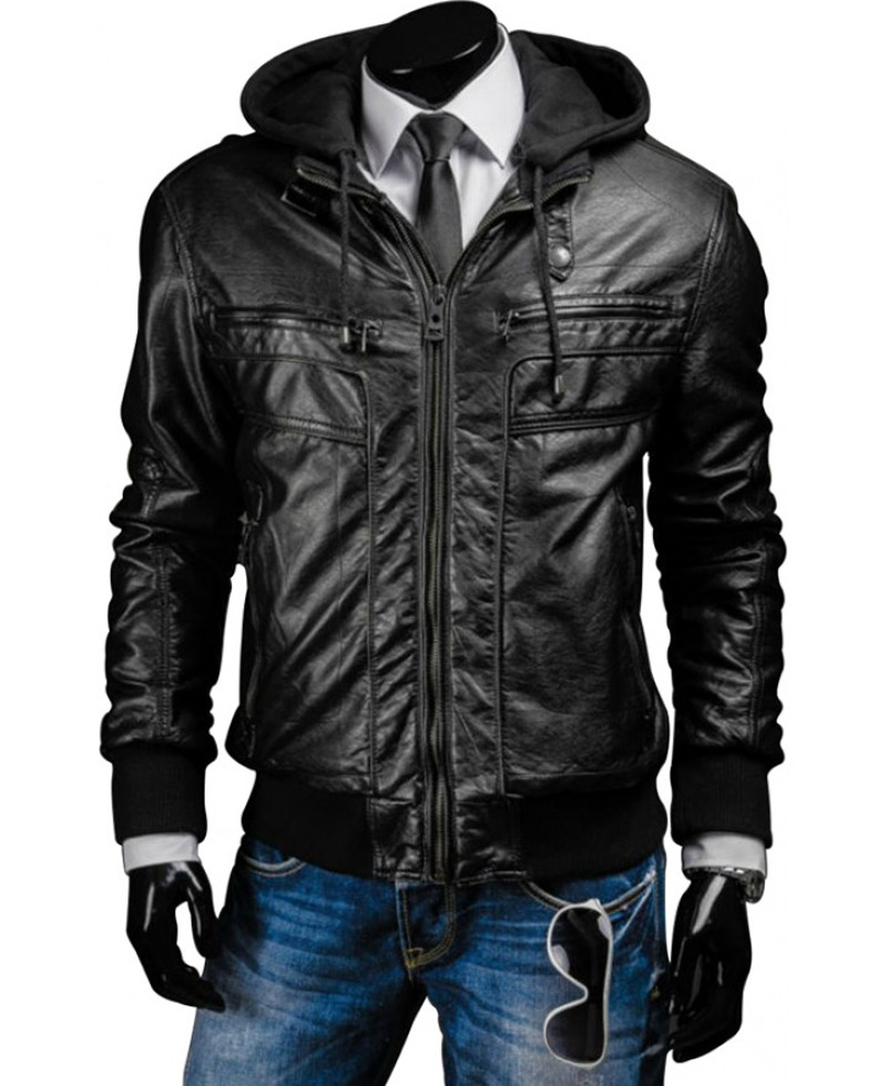 Slim Fit Black Leather Jacket With Hood for Men