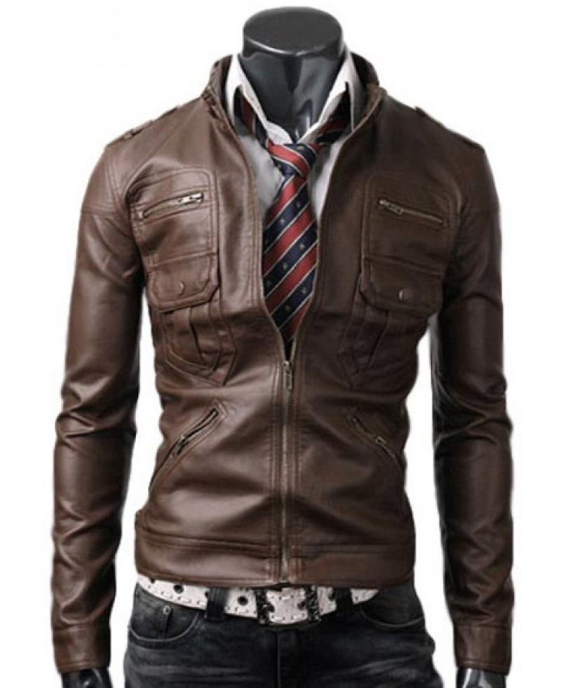 Slim Fit Men's Zipper Pocket Leather Jacket