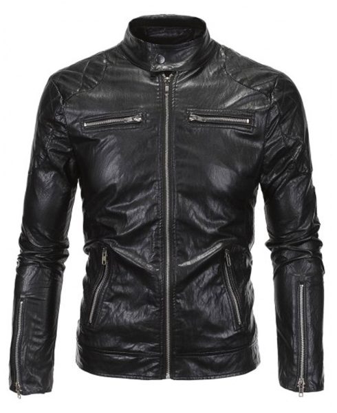 Stand Collar Men's Zipper Pockets Black Jacket