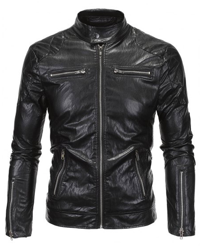 Stand Collar Men's Zipper Pockets Black Jacket