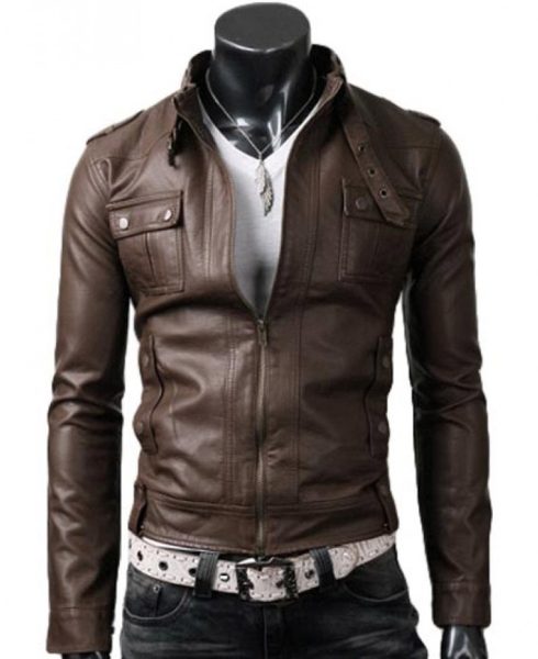 Strap Collar Men's Light Brown Leather Jacket