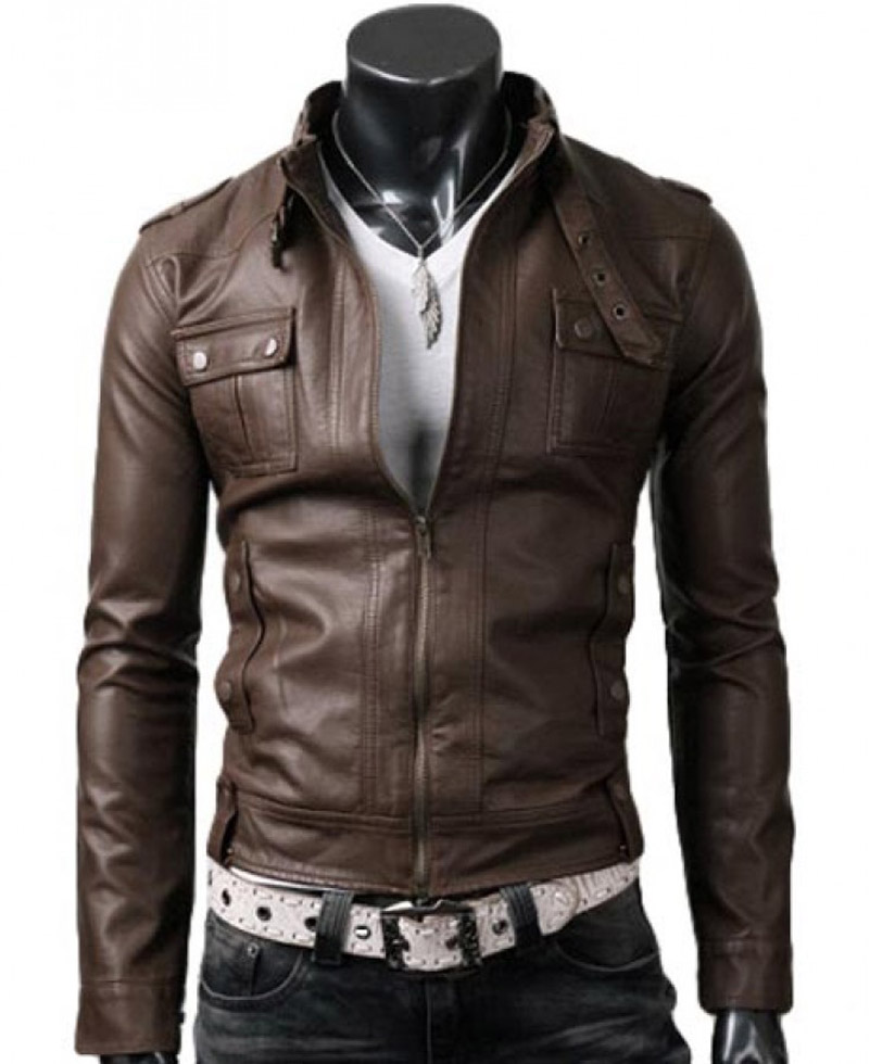 Strap Collar Men's Light Brown Leather Jacket
