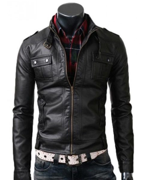Strap Collar Slim Fit Black Leather Jacket for Men