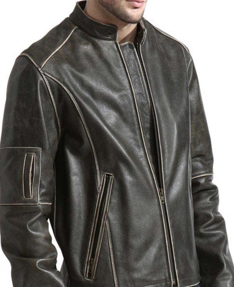 Men's Snap Tab Collar Brown Leather Biker Jacket