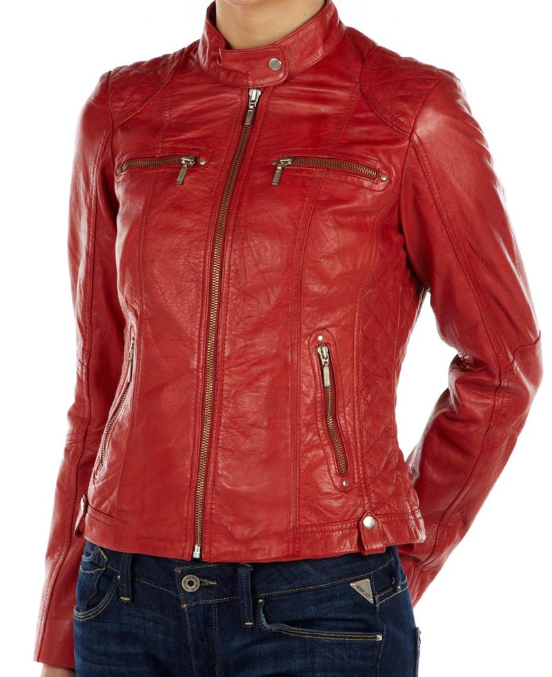 Women's Snap Tab Collar Red Leather Biker Jacket