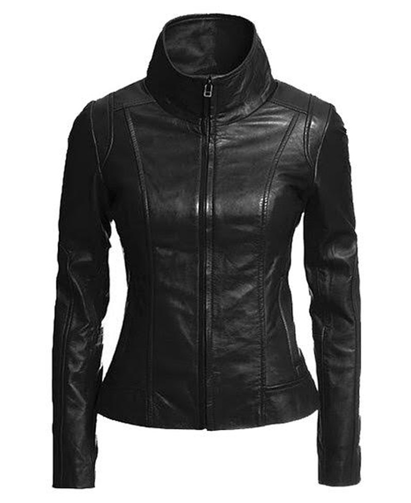 Women's Casual Stand Collar Black Leather Jacket