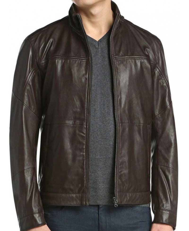 Men's Casual Stand Up Collar Dark Brown Leather Jacket