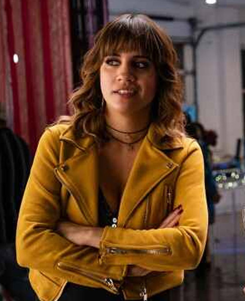 Stuber Natalie Morales Mustard Leather Biker Jacket