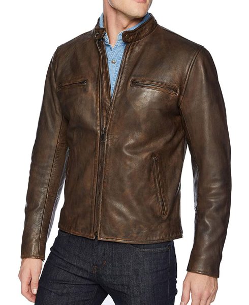 Men's Front Zipper Lucky Motorcycle Vintage Leather Jacket
