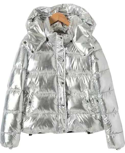 Women's Puffer Silver Down Jacket with Removable Hood