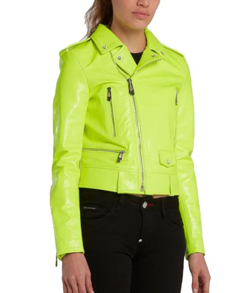 Women's Green Neon Leather Biker Asymmetrical Jacket
