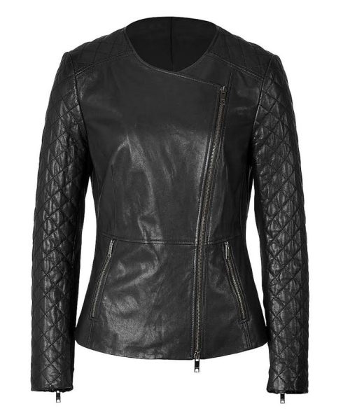 Women's Collarless Black Leather Quilted Sleeve Jacket